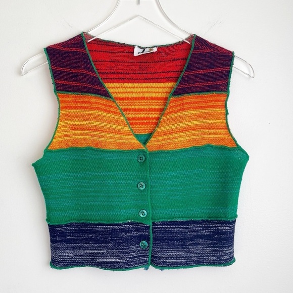 Vintage Tops - Vintage rainbow colorful knit sweater vest button up cropped v neck small stripe
